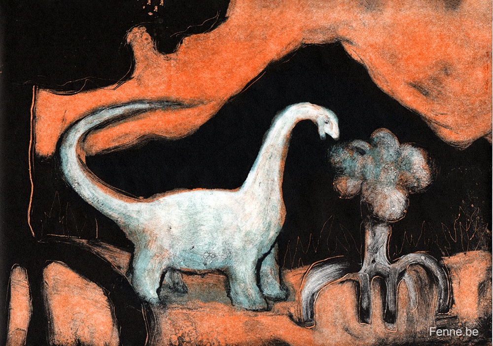 June 1st, dinosaur day, printmaking, dinosaur illustration, monotype, www.Fenne.be